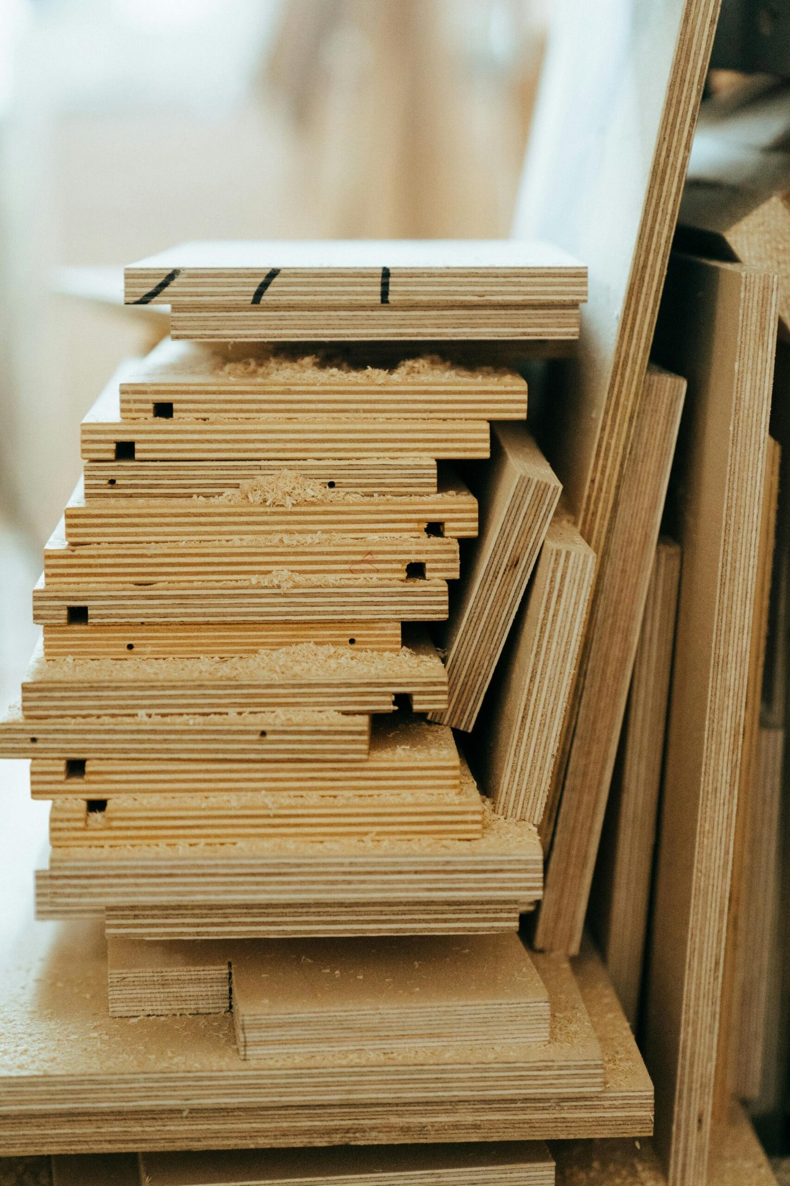 Close-up of stacked plywood sheets in a workshop, showcasing woodworking materials and textures.